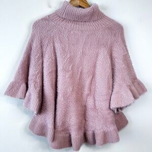 ANTHROPOLOGIE Falling Snow Eyelash Fuzzy Ruffled Pink Poncho Pullover Sweater OS